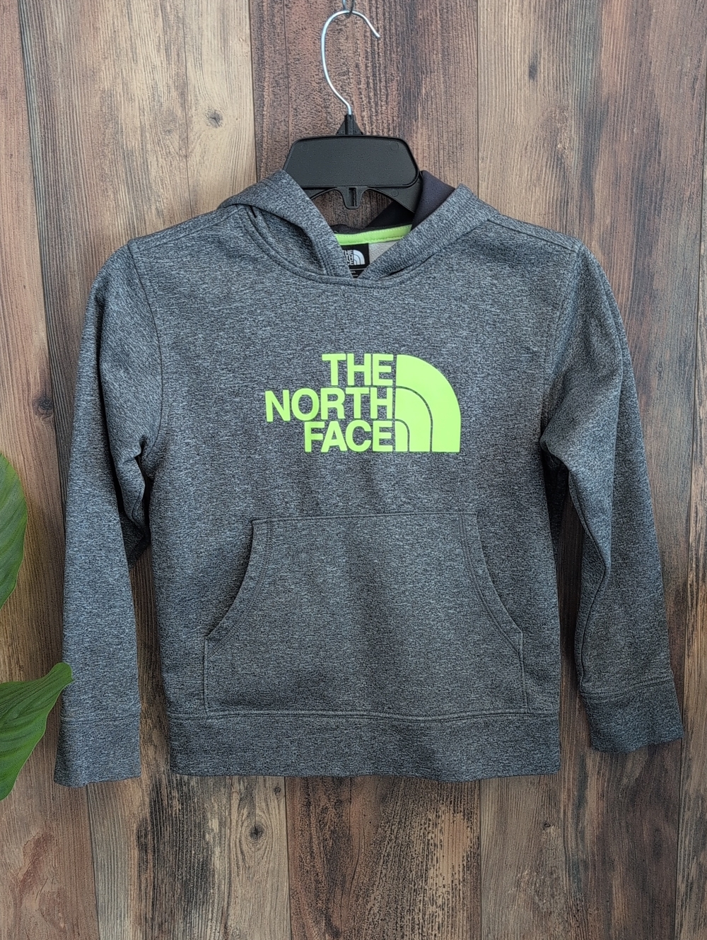 The North Face Kids Grey Hoodie with Neon Green Logo Boys S 920A